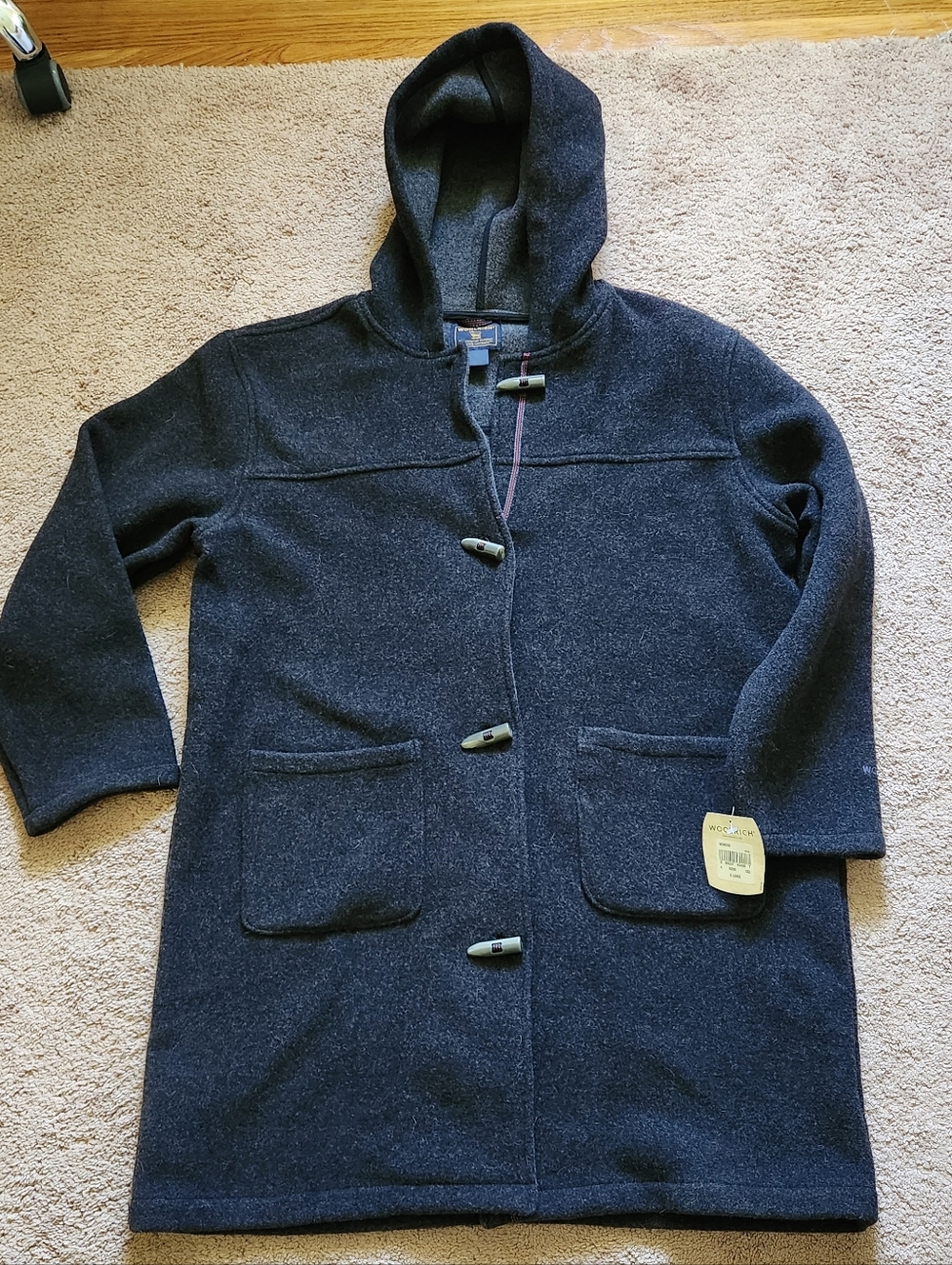 NWT Woolrich Wool Dark Grey Hooded Toggle Duffle Jacket Ladie's Size XL